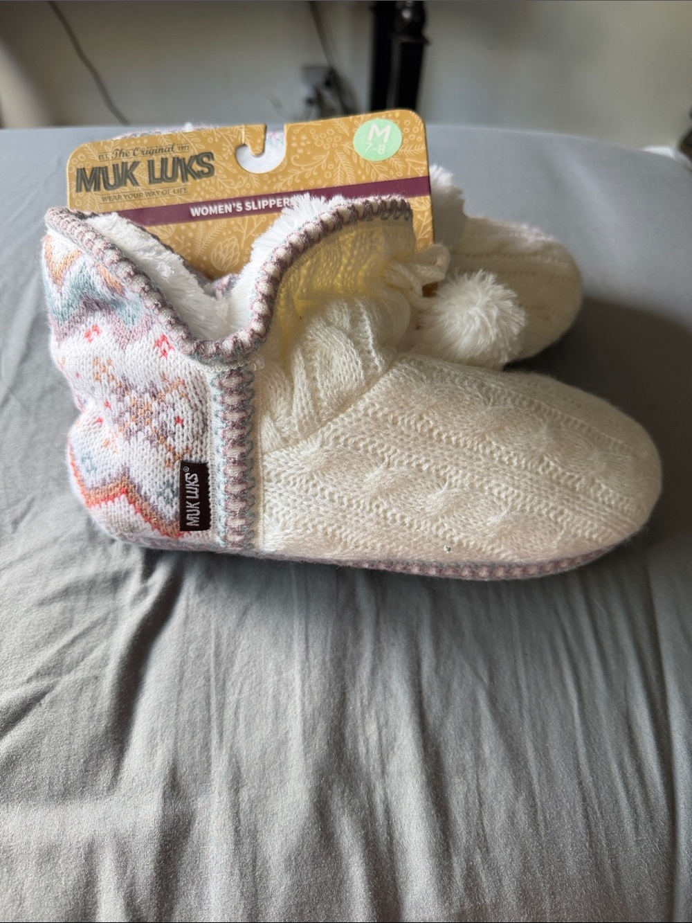 Muk Luks Kids Cream Knit Pom-Pom Slipper Boots with Pastel Accents